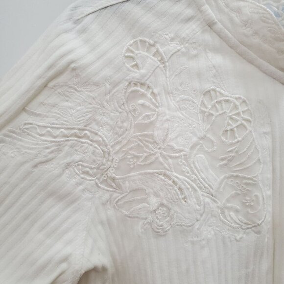 QPS Womens Vintage 80s 90s White Ribbed Cottagecore Lace Embroidered Button Up L - Picture 2 of 8